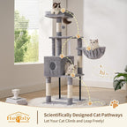 Heybly Cat Tree, 49.2 Inches Cat Tower for Indoor Cats, Spacious Cat House Condo with Hidden Space，Sturdy Steel Tube，Soft Plush Top Perch，Cozy Hammock and Sisal Scratching Posts, Light Gray HCT200SW