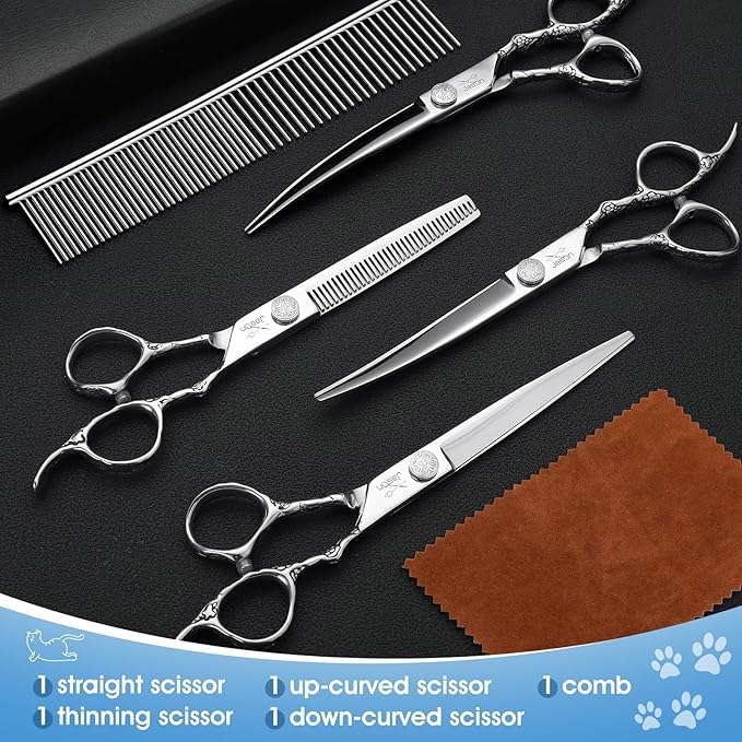 JASON Professional 6 in 1 Dog Scissors Set - 6.5" Thinning, 7" Straight, 7" Up-Curved, 7" Down-Curved Shears and Comb for Cat & Pet (Silver)