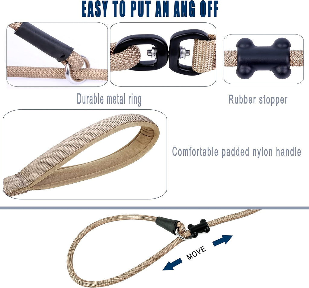 Slip Lead Dog Leash，Strong Nylon Rope Leash and Padded Handle,No Pull Outdoor Walking Training Lead for Small Medium Large Dogs(Light Military Tan, 1/2"×6ft)