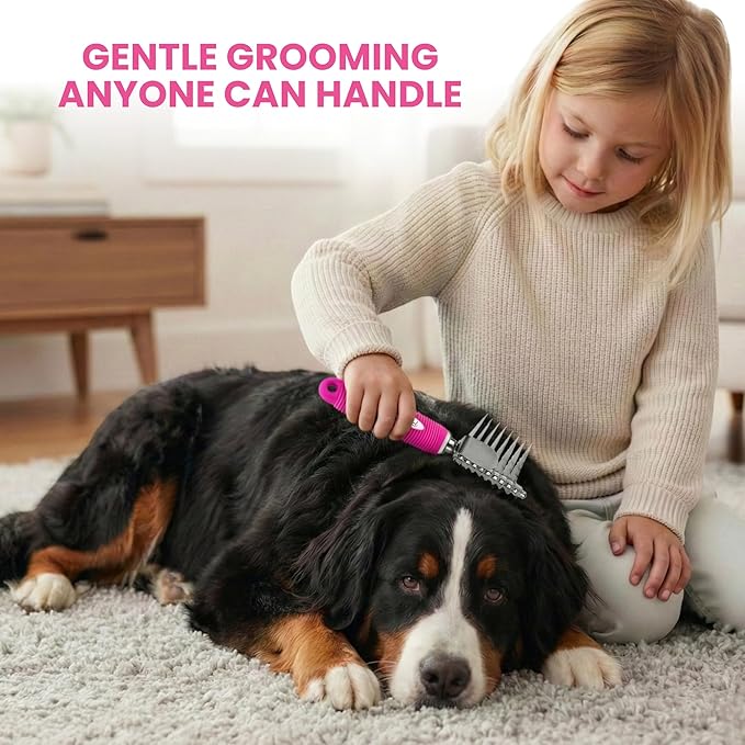Poodle Dematting Fur Rake Comb Brush for Dogs and Cats - Long 2.5" Steel Safety Blades Metal Comb for Detangling Matted or Knotted Undercoat Hair