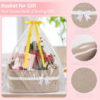 OIAHOMY Large Woven Storage Basket with Handles for Nursery Living Room Shelves, Bow Basket for Gifts Empty with Gift Bags and Ribbons for Baby Showers Pet Toy Bin - Brown & White