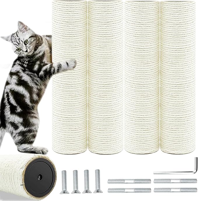Cat Scratching Post Replacement Pole，4 PCS 11.81in Cat Tree Replacement Post，Natural Sisal Cat Tree Replacement Parts with M8 Screws，Cat Scratch Post Replacement for Refurbishment