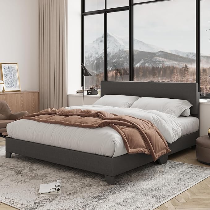 Allewie Queen Bed Frame with Adjustable Headboard, Upholstered Platform Bed with Wood Slats, Heavy Duty Mattress Foundation, No Box Spring Needed, Noise-Free, Easy Assembly, Dark Grey