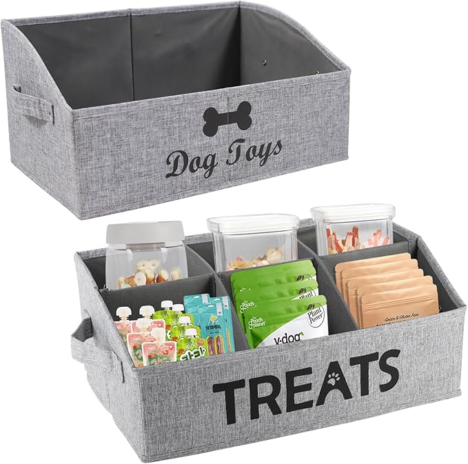 2pack Dog Storage Organizer,Trapezoid Dog Toy Basket,Dog Treat Container with handle,Collapsible Fabric Storage Box for Dog Toys and Dog Treats,Dog Treat Station with removable dividers-Grey