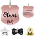 Ultra Joys Cat ID Tag Personalized Pet Tags, Durable Stainless Steel Small Pet Mini Dog Cat Tag Lightweight - Shield Tag in Rose Gold
