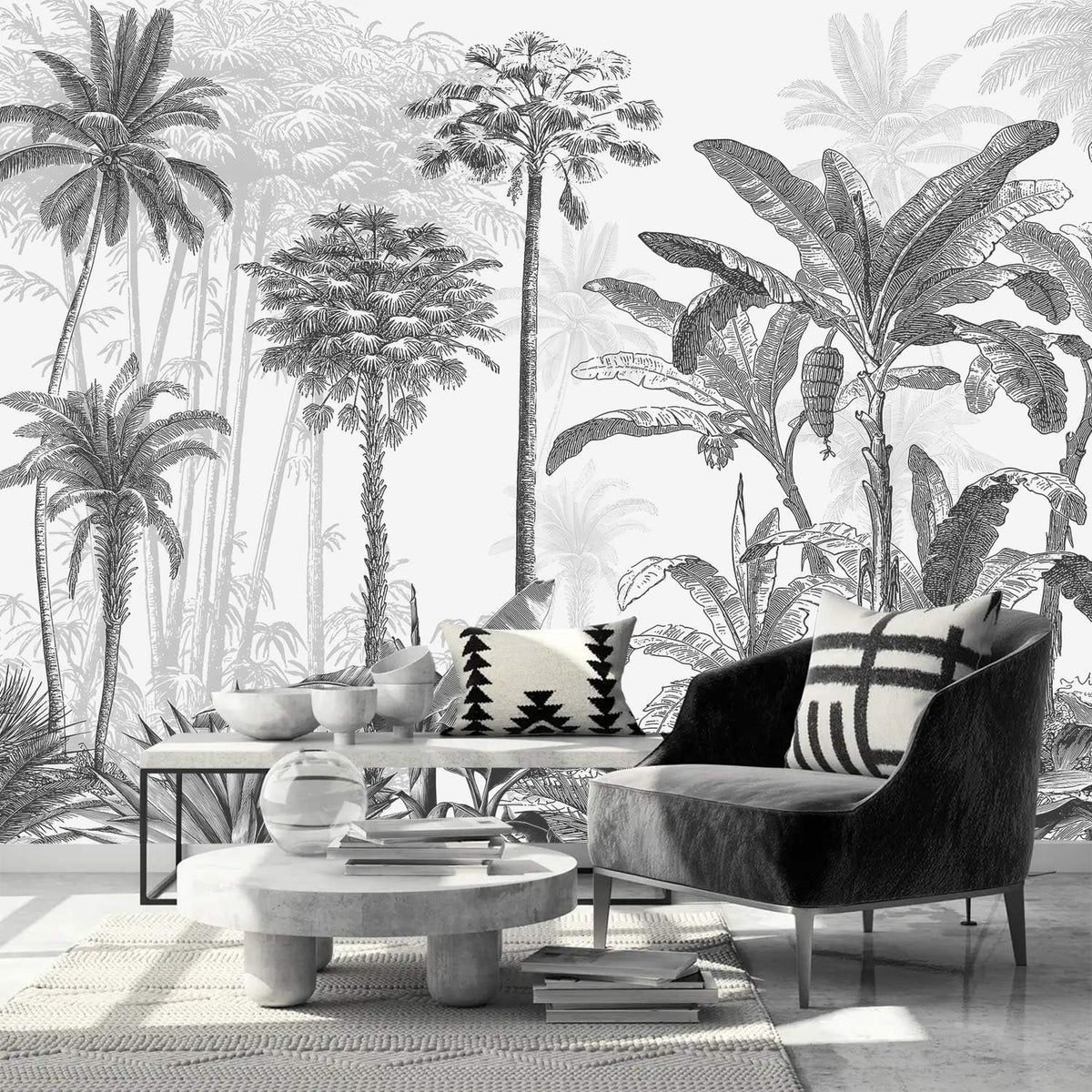 AFZEVEB-Black and White Jungle Wallpaper Hand-Painted Tree Wall murals for Bedroom 114"x74" (Not Peel and Stick)