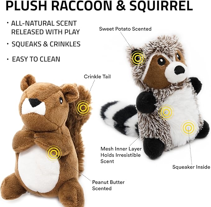 Playology Dog Toys | Plush Toy Raccoon & Squirrel (Value 2-Pack) Stuffed Animal for Dogs | Small Peanut Butter/Sweet Potato Scented Toys - Easy to Clean and Made from Non Toxic Materials