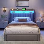 EnHomee Twin Size Bed Frame with One Large Storage Headboard & Charging Station, LED Platform Bed Frame with Storage Drawer, Sturdy Wooden Slats Support, Noise-Free, No Box Spring Needed, Grey