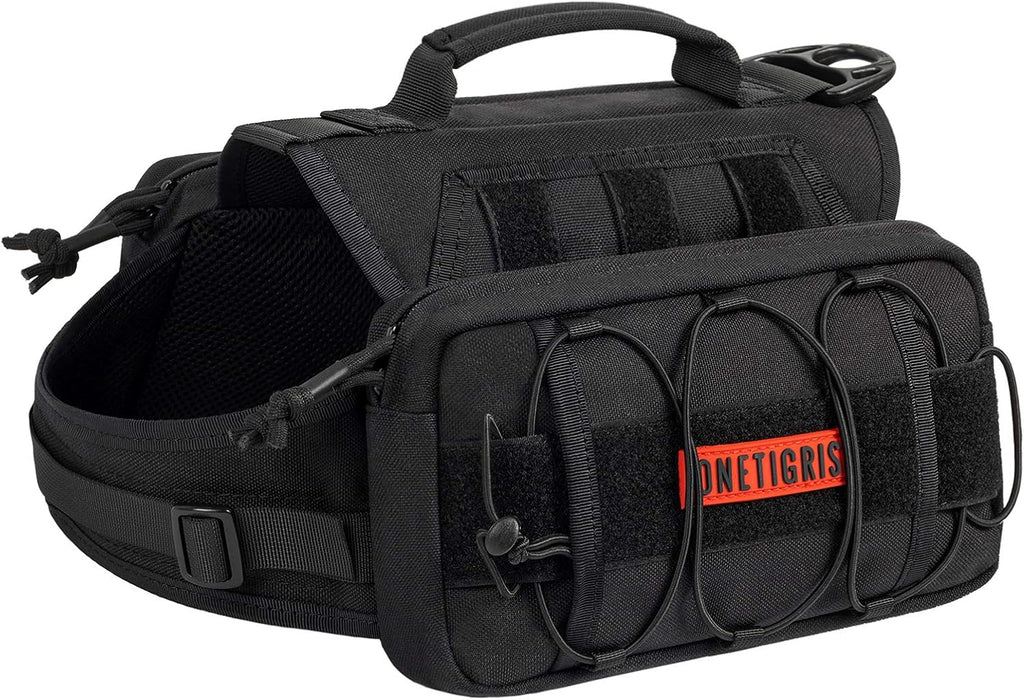 OneTigris Dog Backpack for Medium & Large Dogs, Nylon Backpack for Dogs Tactical Pet Backpack with Side Pockets for Hiking Walking Training Running (Black, Medium)