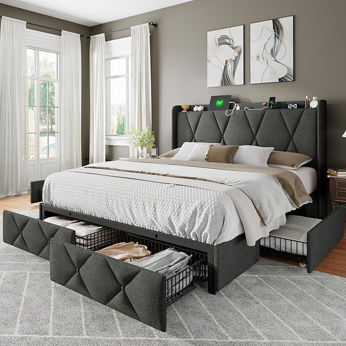 Feonase Full Size Bed Frame with 4 Storage Drawers, Upholstered Platform Bed with Charging Station, Wingback Storage Headboard, Wooden Slats Support, No Box Spring Needed, Easy Assembly, Dark Grey