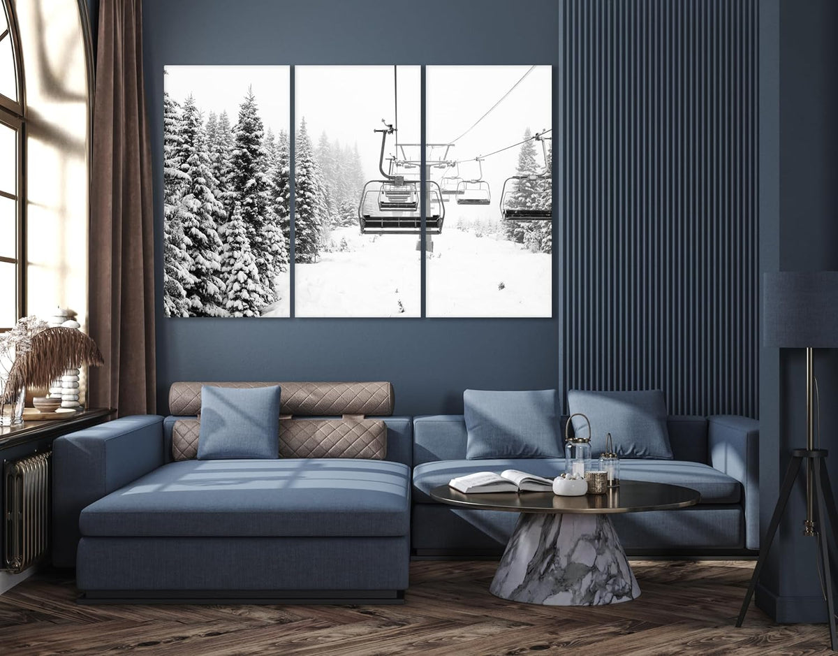 Nature Wall Art Prints - Ocean Forest Mountain Lake Canvas Landscapes - Small to Extra Large Living Room Bedroom Kitchen Bathroom Décor (Ski Lift on Snowy Mountain, 31L" x 47W" - 3 Panels)