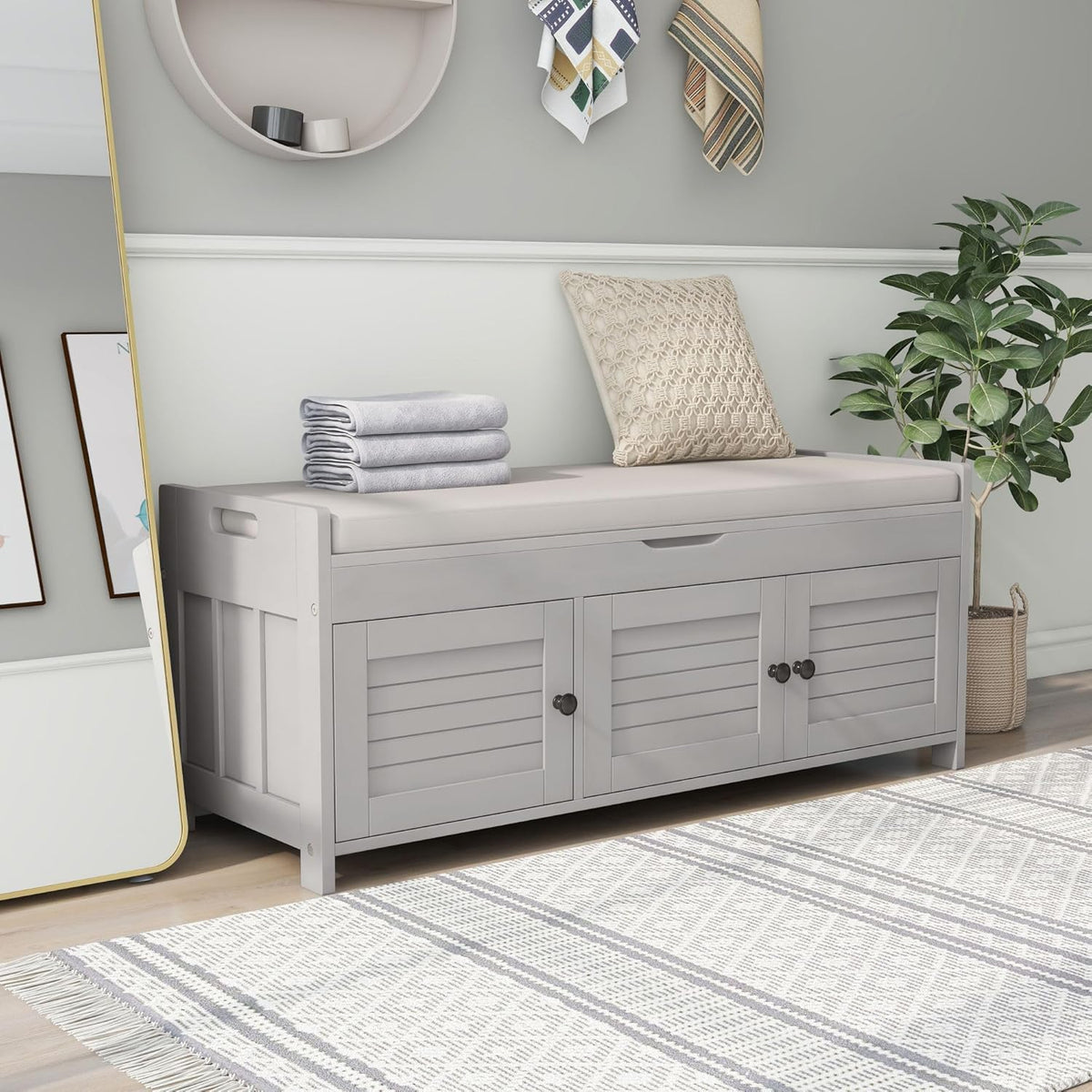 Storage Bench with 3 Shutter-Shaped Doors, Wood Shoe Bench with Removable Cushion and Hidden Storage Space for Entryway, Living Room, Hallway 43.5" L*16" W*18" H (Gray Wash Pine)