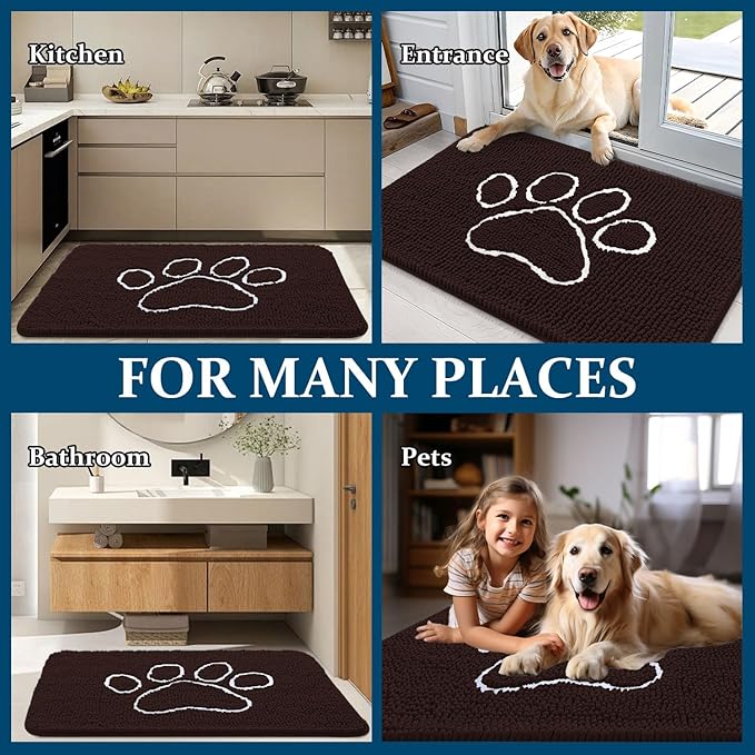 OLANLY Dog Door Mat for Muddy Paws 54x24, Paw Print Design, Absorbs Moisture and Dirt, Absorbent Non-Slip Washable Doormat, Quick Dry Chenille Mud Mat for Dogs, Entry Indoor Entryway Carpet, Brown