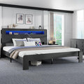 King Size Wooden Bed Frame with Bookcace Storage Headboard, Rustic Farmhouse Bedframe with LED Lights and Charging Station, Sturdy and Stable, Slat Support, No Box Spring Required (Black, King)