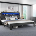 King Size Wooden Bed Frame with Bookcace Storage Headboard, Rustic Farmhouse Bedframe with LED Lights and Charging Station, Sturdy and Stable, Slat Support, No Box Spring Required (Black, King)