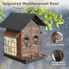 FlowaFoli Bird Feeders for Outdoors, Metal Bird Feeder with Double Suet Cage Weatherproof Metal Roof, 2 in 1 Mixed Seeds Suet Feeder, 4Lbs Large Capacity, Great for Finch、Cardinal、Chickadee（Brown）