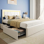 Queen Size Bed Frame with Adjustable Headboard, Upholstered Platform Bed with 4 Storage Drawers, Wooden Slats Support, Built in Charging Station & LED, Noise-Free, No Box Spring Needed, Beige