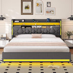 California King Bed Frame, Platform Bed Frame with Storage Headboard and LED Lights, Upholstered Headboard & Charging Station,Metal Support,No Box Spring Needed, Noise-Free, Easy Assembly, Gray