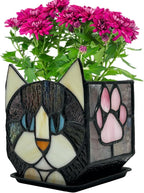 Stained Glass Black Cat Flower Pot,Succulent Pots with Drainage,Unique Black Cat Planter,Flower Pots for Indoor Plants,Glass Container Display Decoration,Cute Plant Gifts