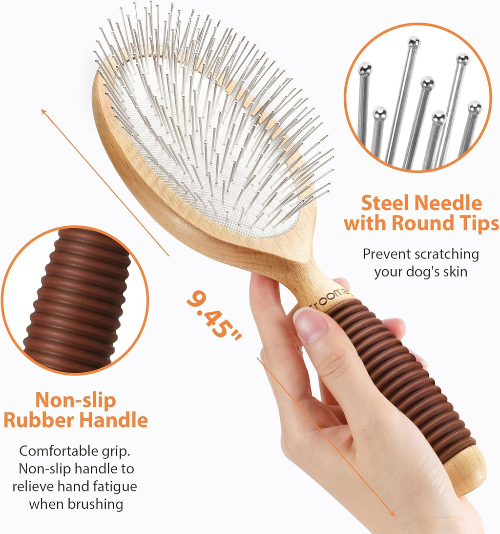 Dog Brush for Long Haired Dogs, 27mm Extra Long Pin Brush for Grooming, Shedding - Beech Wood Material, Non-Slip Rubber Handle, Round-Tipped Pins