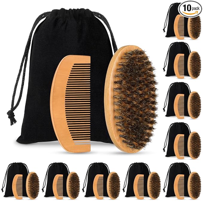 10 Sets Grooming Kit for Men - Natural Boar Bristle Brush, Pear Wood Dual-Sided Wide Tooth Comb, and Travel Pouch (Oval Shape) for Beard Care