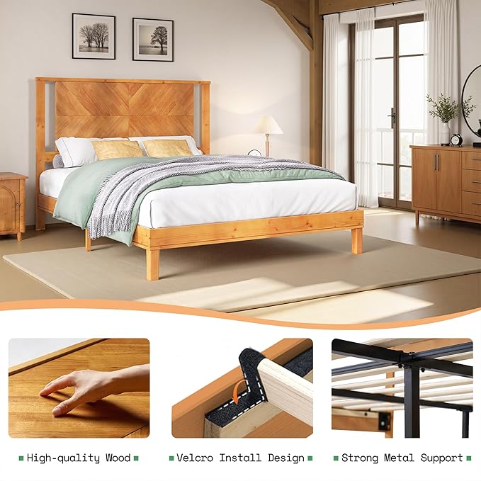AMERLIFE Solid Wood Queen Size Bed Frame with Headboard, Rustic Style Platform Bed Frame with Under-Bed Storage, No Box Spring Needed, Noise Free, Easy Assembly, Light Brown