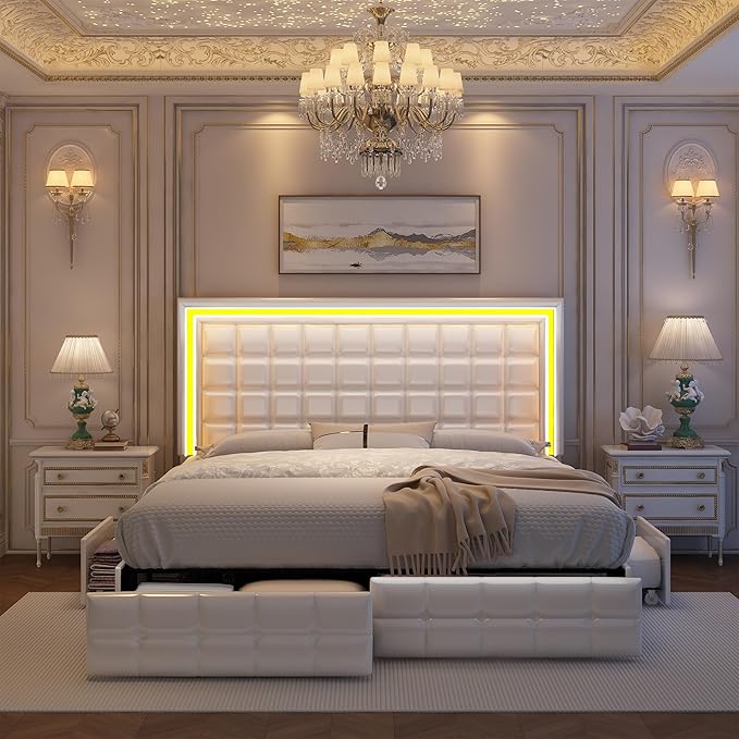 Queen Bed Frame with LED Lights & Storage Drawers, No Box Spring Needed, Heavy Duty 900lbs Weight Capacity, Easy Assembly, Modern Upholstered Platform Bed, PU White
