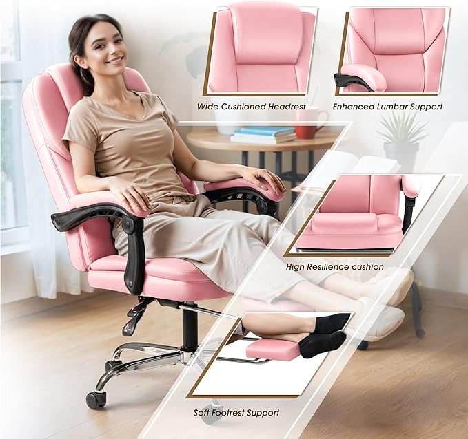 Furmax Executive Office Chair with Foot Rest Big and Tall Office Chair Ergonomic Home Office Desk Chairs Reclining High Back Leather Chair with Lumbar Support, 400LBS (Pink)