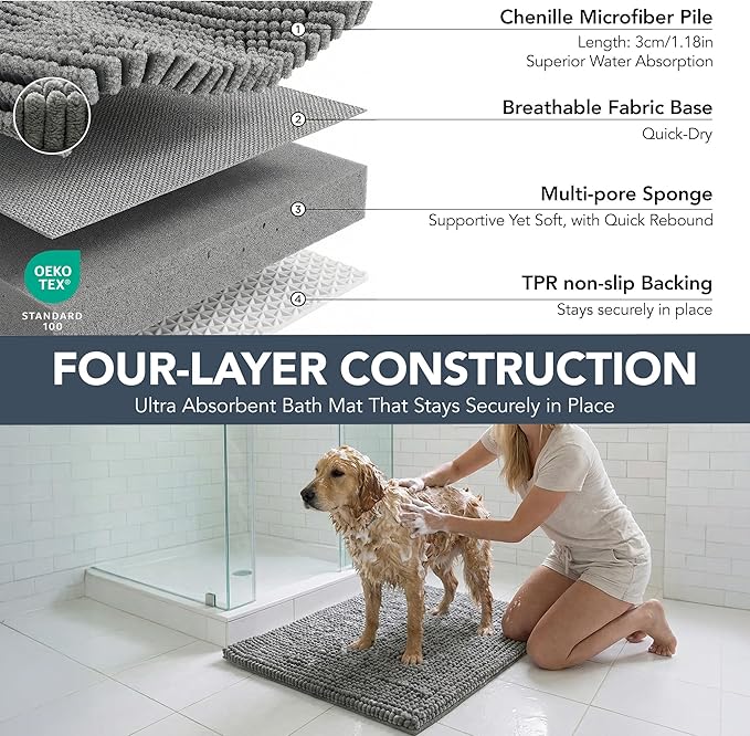 Deconovo Plush Waterproof Mats for Dogs, Absorbent Non-Slip Door Mat for Muddy Paws, 1.1" Thick Indoor Mat, Machine Washable Shaggy Pet Bed Mat, Quick Dry Indoor Entryway Rug, Gray, 32x20 Inch