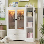 kepptory Large Pet Wardrobe Closet with LED Light, 3 Tiers Storage Shelves & Drawer, White Pet Clothes Organizer Cabinet with Hanging Rod, Multi-Functional Pet Closet for Dogs & Cats Clothing, Toys