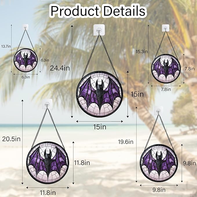 Stained Glass Window Hanging - Halloween Black Bat Purple Wings Monster Suncatcher for Doors Garden Home Spooky Sun Catchers Gothic Decor Horror Gift for Women Men Friend Boy Girl 11.8 in