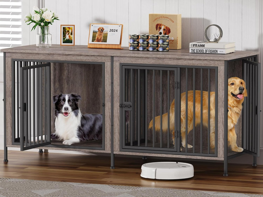 EasyCom 78 Inch Dog Cage Furniture for 2 Pets with Divider, XXL Wooden Double Dog Crate Furniture TV Stand for Mideum and Large Breed, Durable and Sturdy