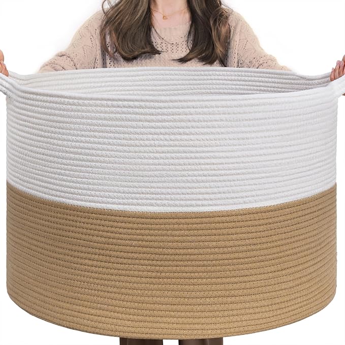 INDRESSME XXXLarge Jute Rope Basket 21.7" x 21.7" x 13.8" Woven Baby Laundry Baskets for Blankets Toys Storage Basket with Handle Comforter Cushions Storage Bins Thread Laundry Hamper