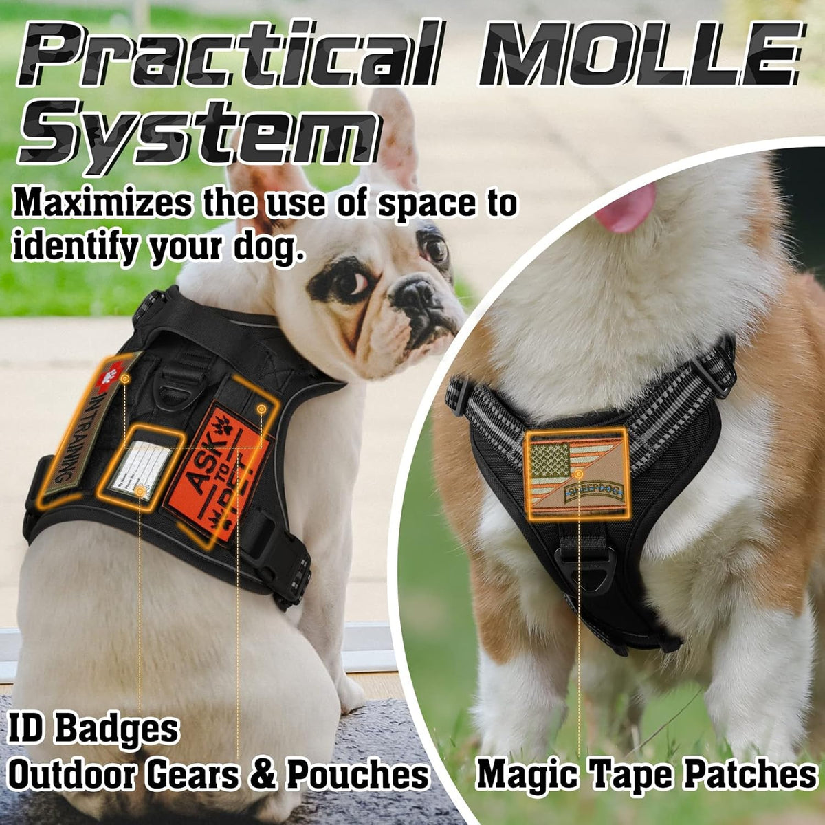 rabbitgoo Tactical Dog Harness for Small Dogs, No Pull Military Service Vest with Handle & Molle, Easy Control for Training Walking, Adjustable Reflective Straps, Black, S