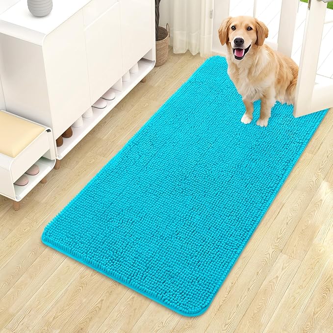 OLANLY Dog Door Mat for Muddy Paws 44x24, Absorbs Moisture and Dirt, Absorbent Non-Slip Washable Doormat, Quick Dry Chenille Mud Mat for Dogs, Entry Indoor Entryway Carpet for Inside Floor, Aqua Blue
