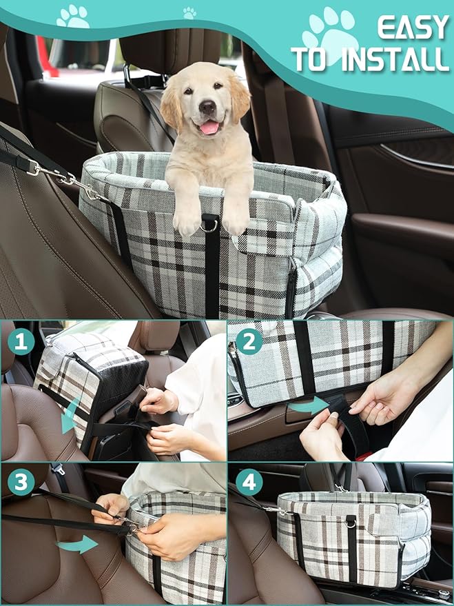 Small Dog Car Seat, Portable Dog Seat with Soft Washable Cushion,Center Console Dog Car Seat for Small Dogs Up to 13lbs(Grid Grey)