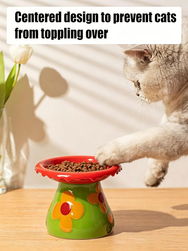 Mushroom Elevated Cat Bowls Ceramic, Cute Cat Bowls Whisker Fatigue | Raised Cat Bowl for Indoor Cats, Raised Dog Bowls Stand for Food and Water, Orange 5.8" Wide for Adult Cats