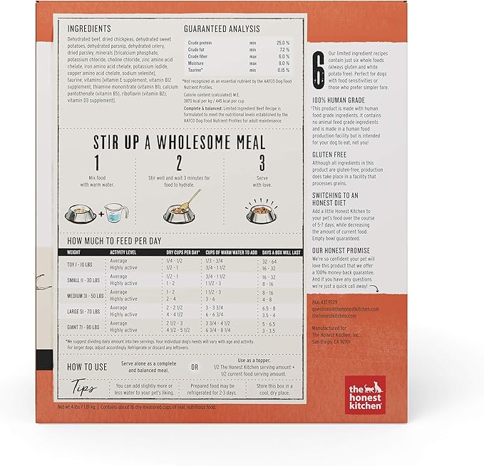 The Honest Kitchen Dehydrated Limited Ingredient Beef Dog Food, 4 lb Box