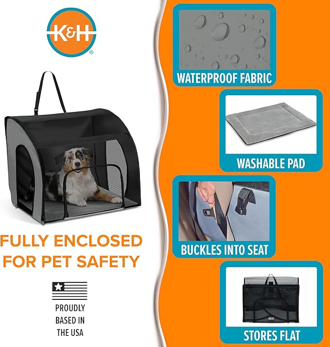 K&H Pet Products Enclosed Large Dog Car Seat, Travel Safety Carrier, Dog Travel Car Seat, Soft-Sided Covered Pet Carrier, Washable Pad, Multiple Entrances, Mesh Windows - Large 29.5 X 22 X 25.5in