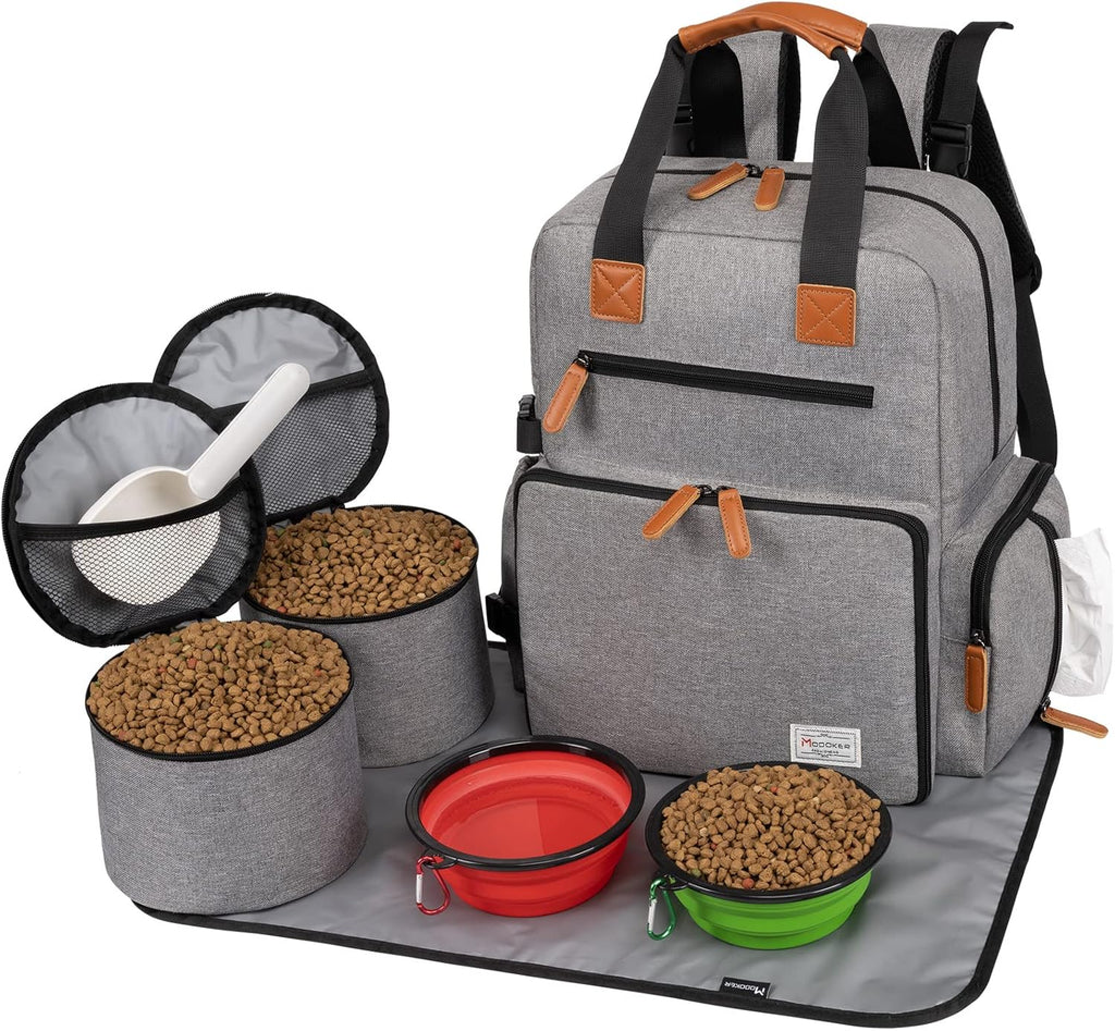 Modoker Dog Travel Bag, Airline Approved Backpack for Pet Accessories Organizer, Tote Weekend Bag with 2 Dog Food Storage Containers, 2 Collapsible Dog Bowls, 1 Pet Mat, Grey