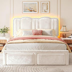 EnHomee Queen Bed Frame with LED, Velvet Upholstered Cloud Headboard and Drawers, Bed Frame Queen Size with Height Adjustable Headboard, Solid Wooden Slats, No Box Spring Needed, Easy Assembly, Cream