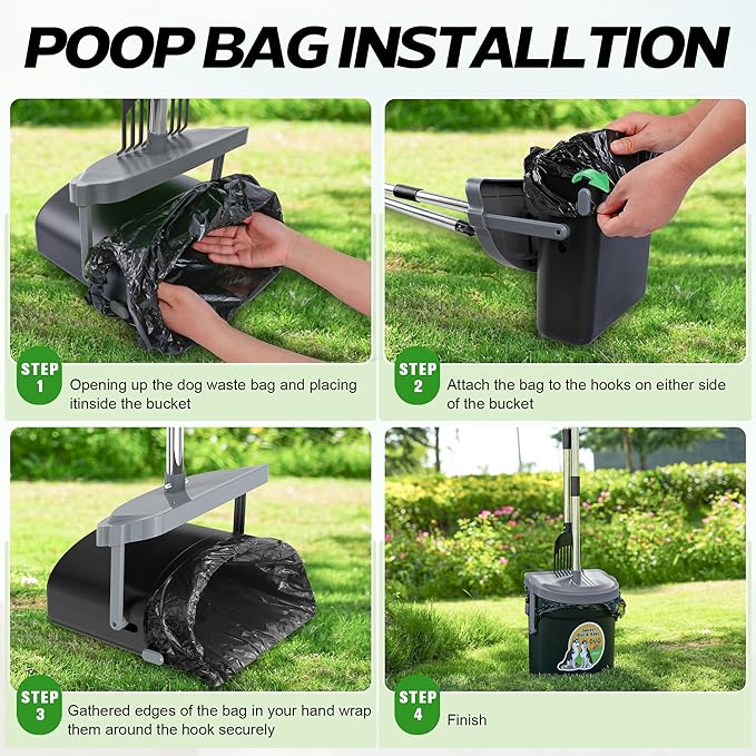 UPSKY Dog Pooper Scooper Swivel Bin & Rake Kit with 100 Waste Bags,33.4" Stainless Steel Long Handle Heavy Duty Pet Poop Shovel for Large Medium Small Dogs, Odor-Proof Lid for Yard/Lawn/Outdoor Use