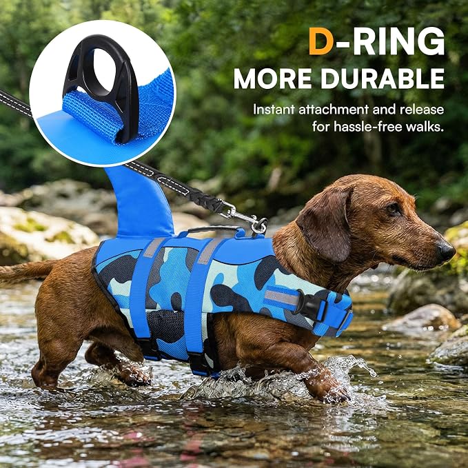 Dog Life Jacket Ripstop Dog Shark Safety Vest Adjustable Preserver with High Buoyancy and Durable Rescue Handle for Small,Medium,Large Dogs, Blue Camouflage X-Large