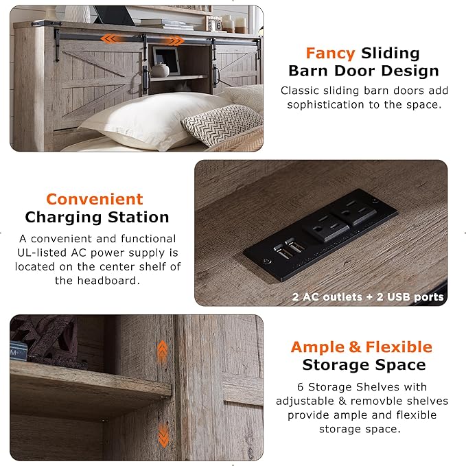 T4TREAM Farmhouse King Size Bed Frame w/Storage Bookcase Headboard, Sliding Barn Door, Charging Station, Rustic Wood Platform Bed w/Wood Slats Support, No Box Spring Needed, Light Rustic Oak