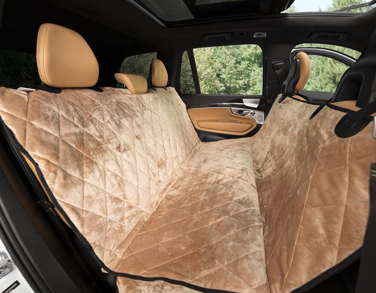 Plush Paws Products Velvet Rear Car Seat Protector w/Hammock | Washable & Waterproof Back Seat Dog Cover for Car, Truck, & SUV | Nonslip, Tear Resistant Pet Seat Cover | X-Large Desert Sand