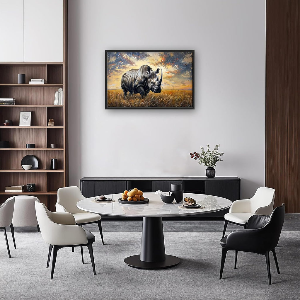 Rhino Large Wall Art Rustic Cool Wild Animal Rhinoceros Pictures Sunset Field Landscape Wall Decor Canvas Print Painting Artwork for Bathroom Living Room Bedroom 36L" x 24W"