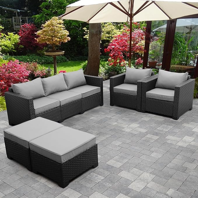 Rattaner Outdoor Wicker Furniture Couch Set 5 Pieces Patio Furniture Sectional Sofa with Grey No-Slip Cushions and Waterproof Covers