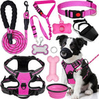 No Pull Dog Harness Adjustable Collar & Leash Set - Dog Halter Harnesses Collapsible Bowls & Poop Bag Dispenser Muzzle ID Tags Toys Fits Small Medium Large Dogs (Pink-M)