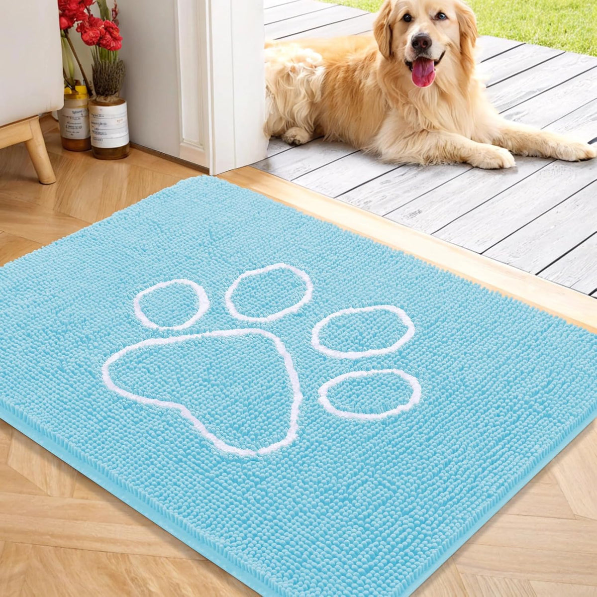 OLANLY Door Mat for Muddy Dog Paws 40x32, Ultra Absorbent Chenille Mud Doormat with Paw Print Design, Non-Slip Washable Doormat for Indoor Entryway, Quick-Dry Pet Bed Mats for Dirty Dogs, Blue