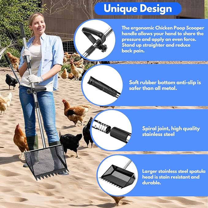 Chicken Poop Scooper & Rake 2-in-1, 304 Stainless Steel Shovel Head, Chicken Litter Scoop with Handle for Chicken Coop & Pet Waste Cleaning, Litter Sifting Shovel (35 to 65") US Patent Pending (Black)